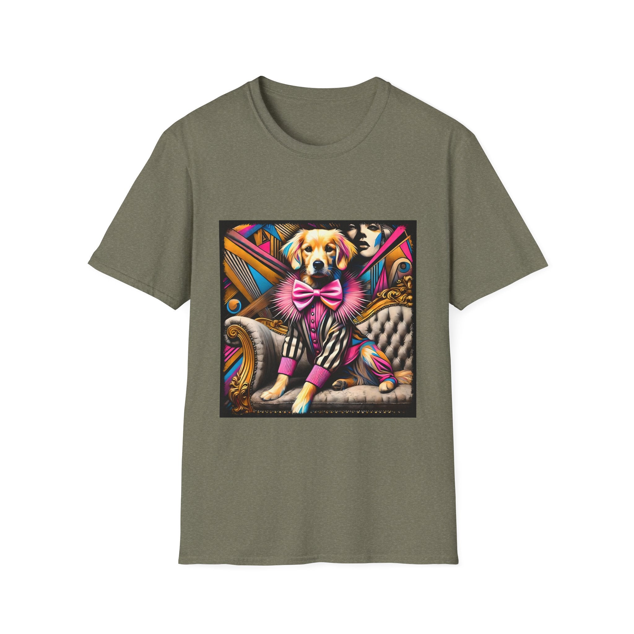 Heather military green dog t-shirt with golden retriever in striped outfit and pink bow on bold pop-art settee.