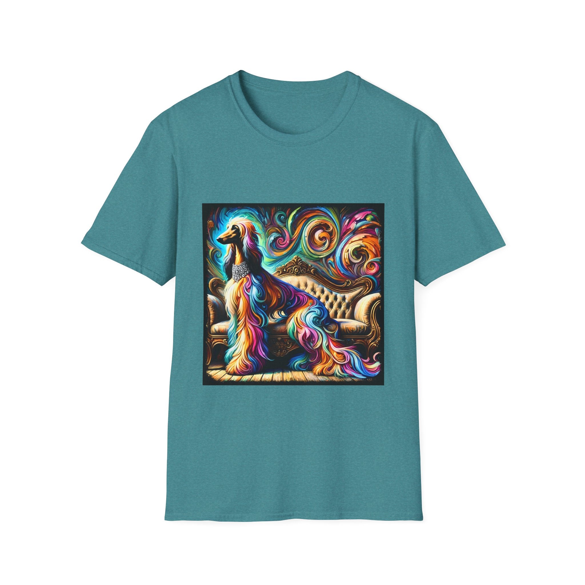 front view of Galapagos green dog t-shirt of Afghan Hound dog sitting before ornate settee, colorful swirling fur and vivid abstract background.