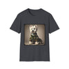 Dark heather gray dog t-shirt featuring Westie in camouflage jacket and pleated skirt against neutral backdrop.