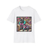 Dog t-shirt in white featuring black French Bulldog in pink and teal outfit on ornate striped settee with swirl background.