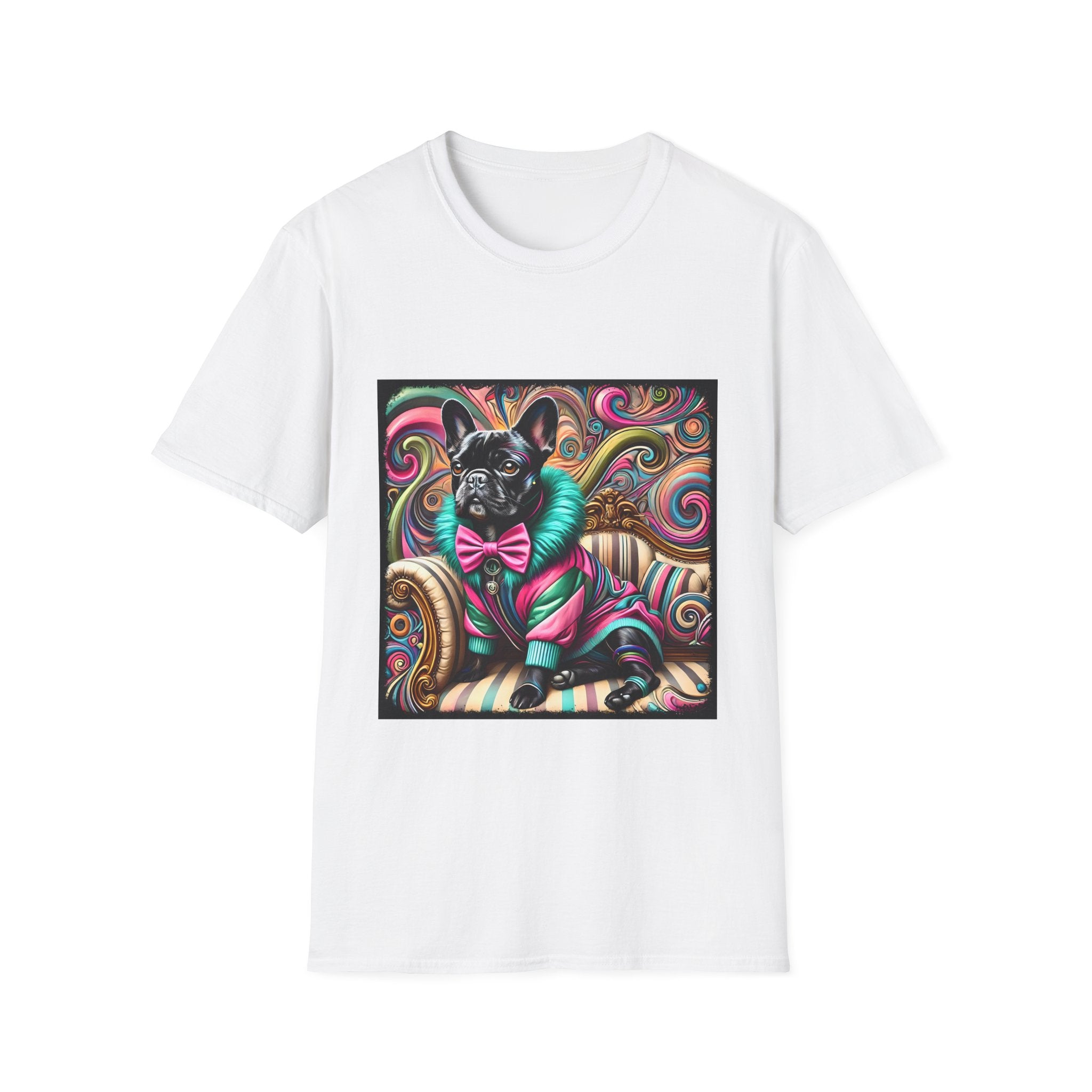 Dog t-shirt in white featuring black French Bulldog in pink and teal outfit on ornate striped settee with swirl background.