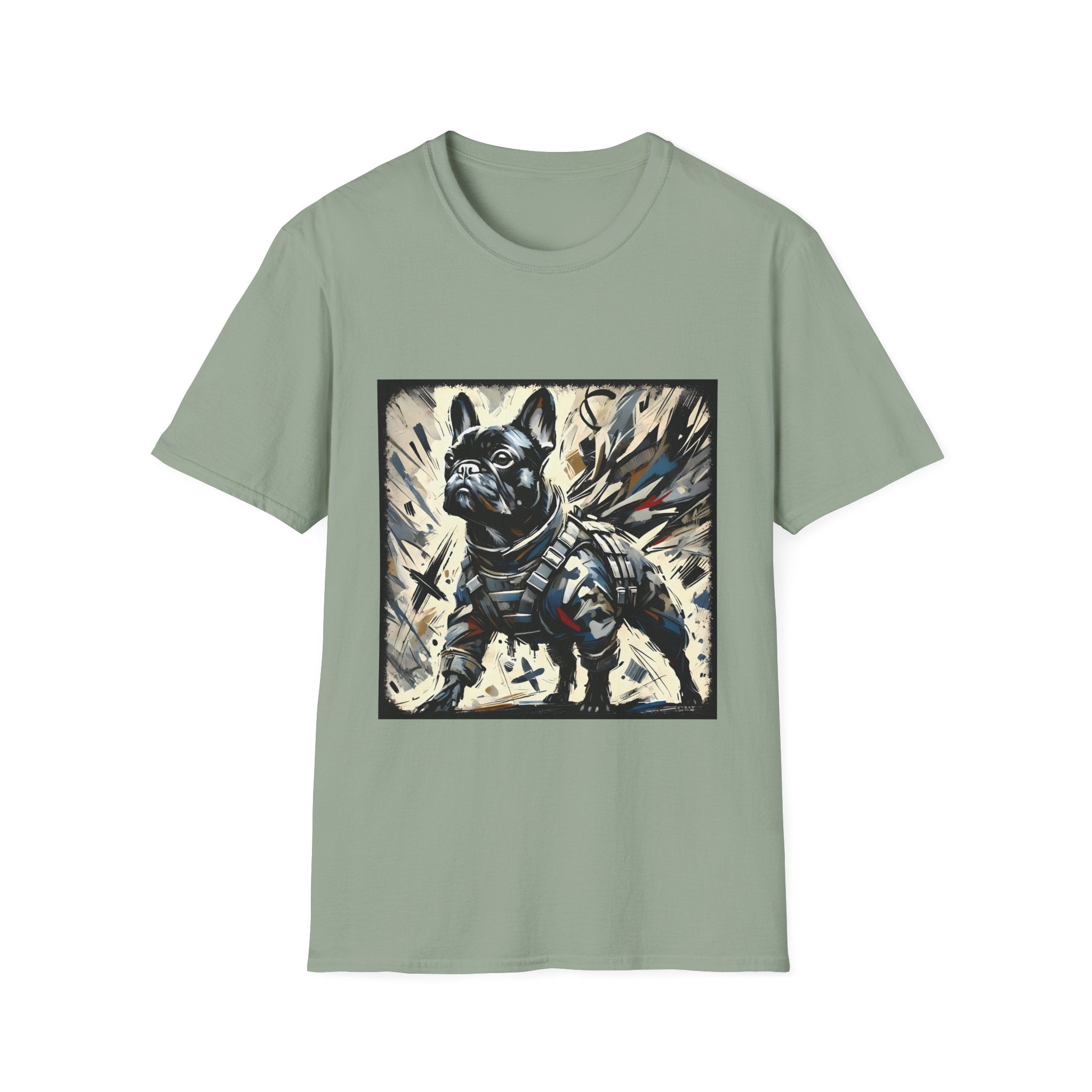 Sage green dog t-shirt featuring heroic black French Bulldog in battle armor, set against abstract explosive strokes.