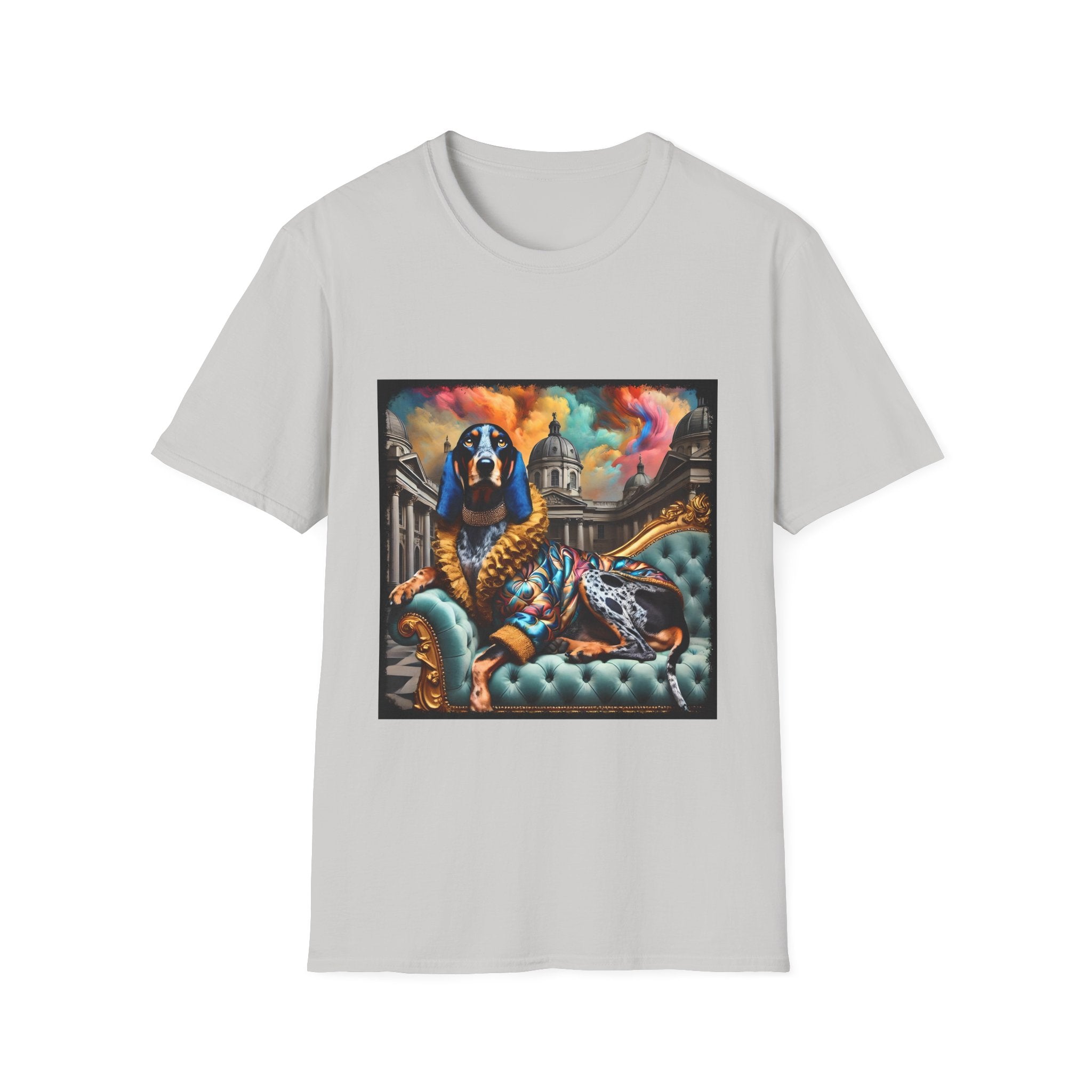 Ice gray dog t-shirt featuring coonhound on teal settee wearing ornate gold-trimmed robe with silk scarf.