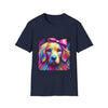 Navy dog t-shirt featuring neon-colored golden retriever with pink bow on vibrant electric abstract backdrop.