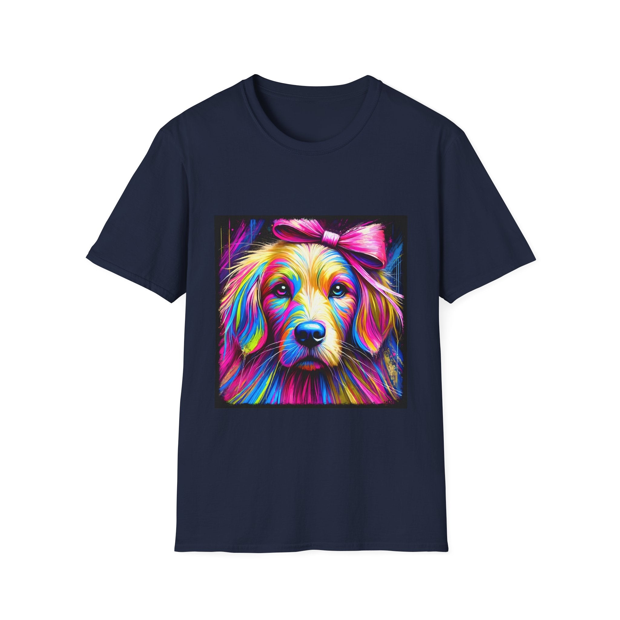 Navy dog t-shirt featuring neon-colored golden retriever with pink bow on vibrant electric abstract backdrop.