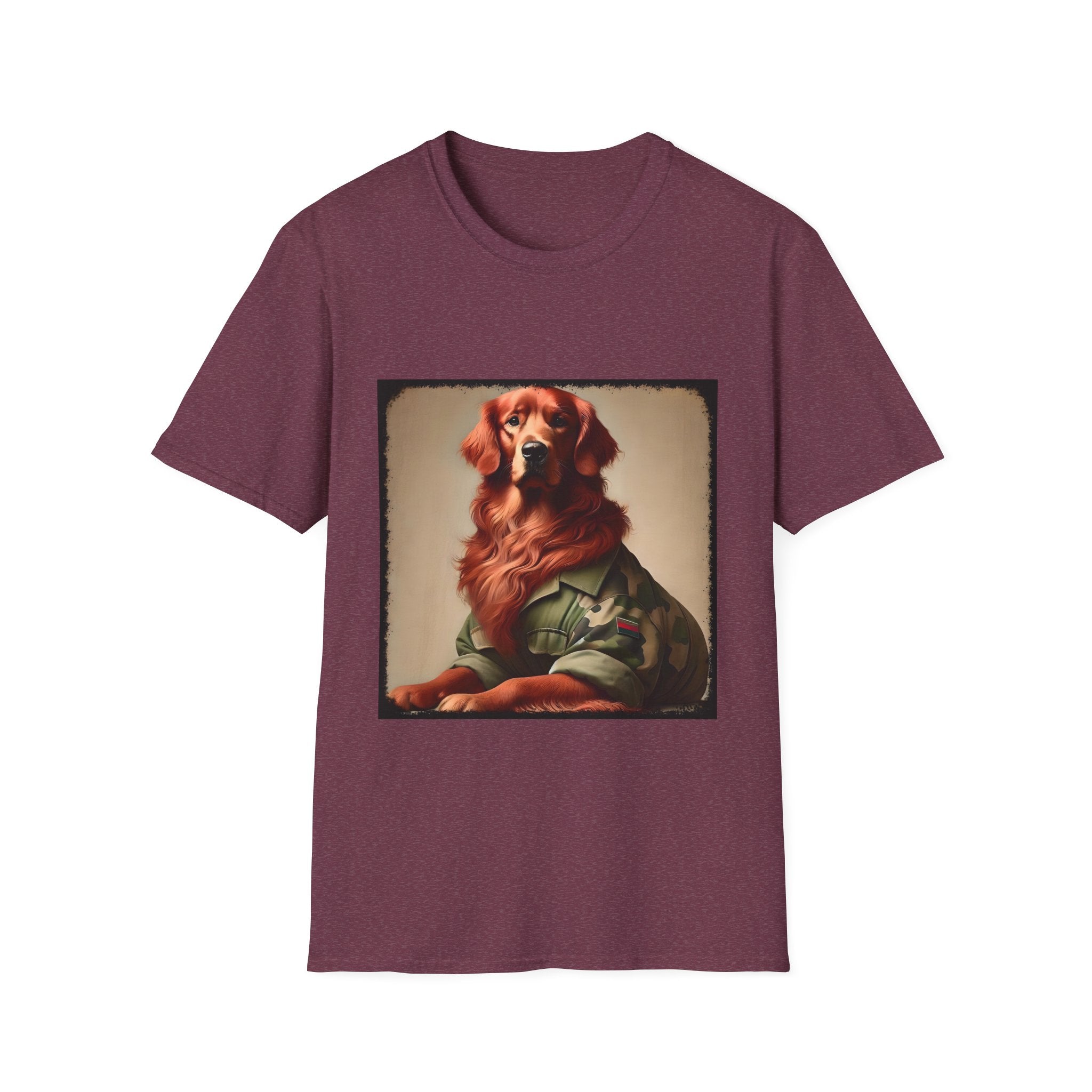 Heather maroon dog t-shirt featuring golden retriever in camouflage jacket with flag patch, tan background.