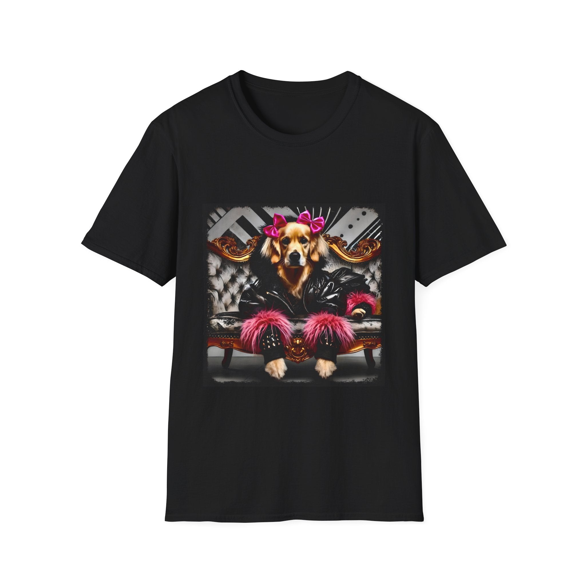 Black dog t-shirt with golden retriever in edgy outfit, pink bows and cuffs, on silver tufted settee.