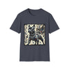 Heather navy dog t-shirt featuring heroic black French Bulldog in battle armor, set against abstract explosive strokes.