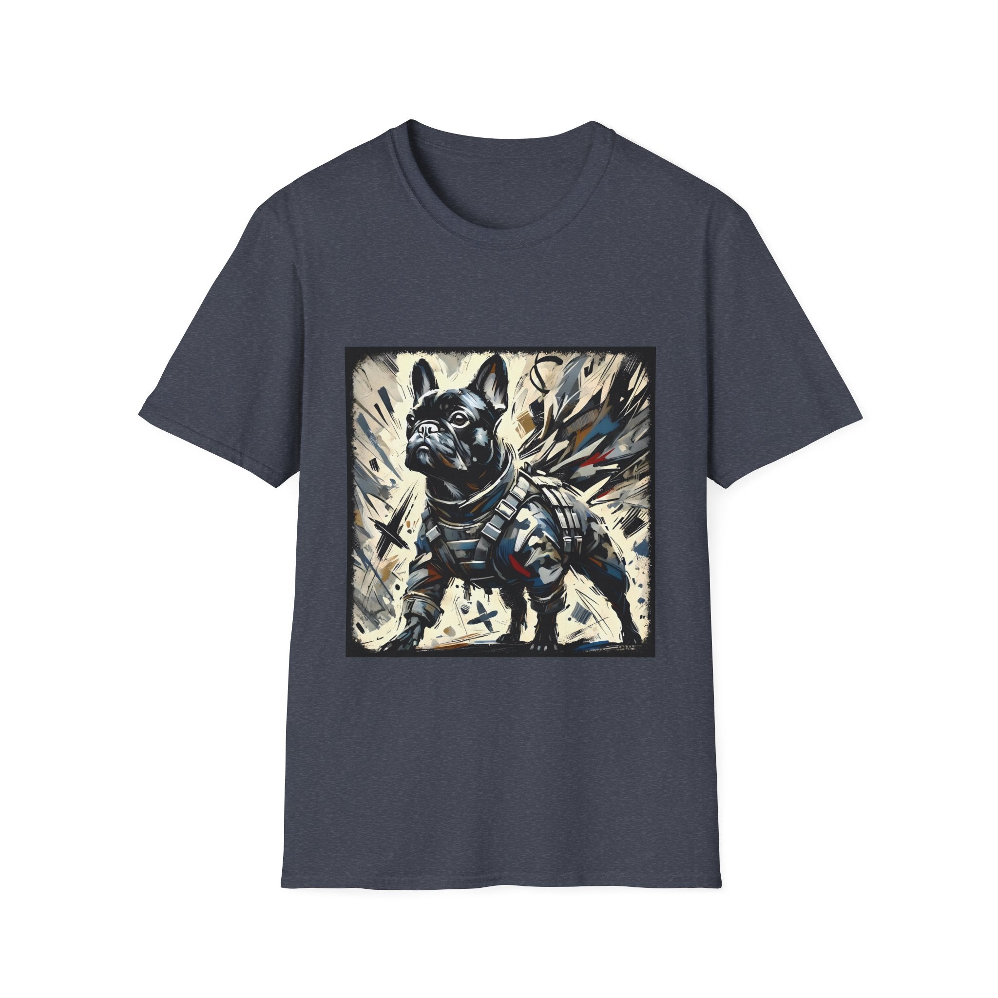 Heather navy dog t-shirt featuring heroic black French Bulldog in battle armor, set against abstract explosive strokes.