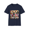 Navy Blue dog t-shirt featuring fawn French Bulldog with jeweled collar on settee, vivid swirl and castle background.
