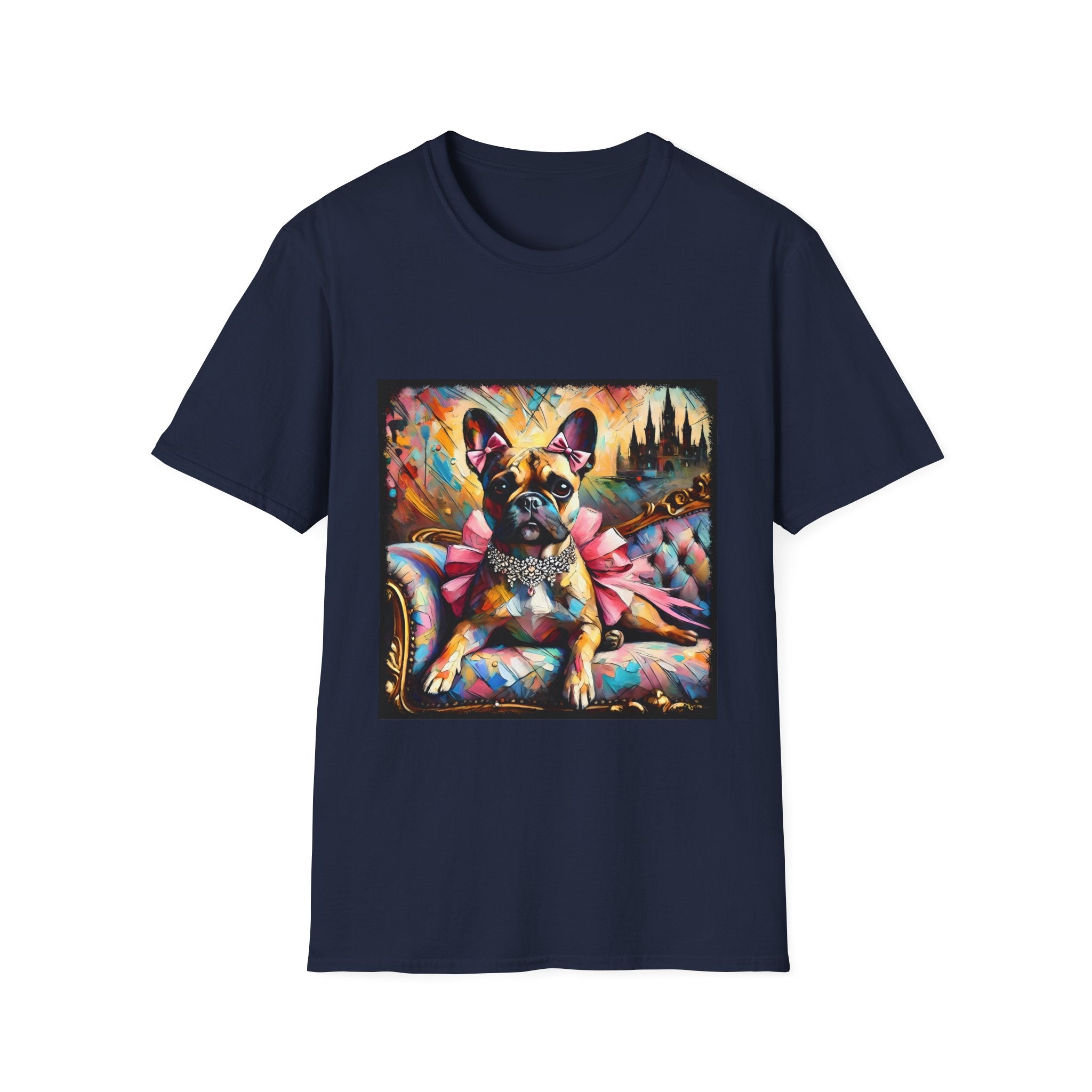 Navy Blue dog t-shirt featuring fawn French Bulldog with jeweled collar on settee, vivid swirl and castle background.