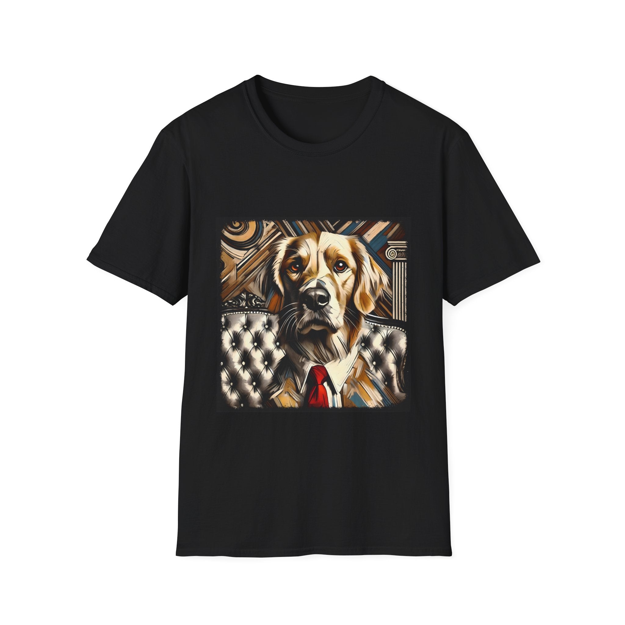 Black dog t-shirt featuring golden retriever in suit and red tie, seated on tufted chair with abstract backdrop.