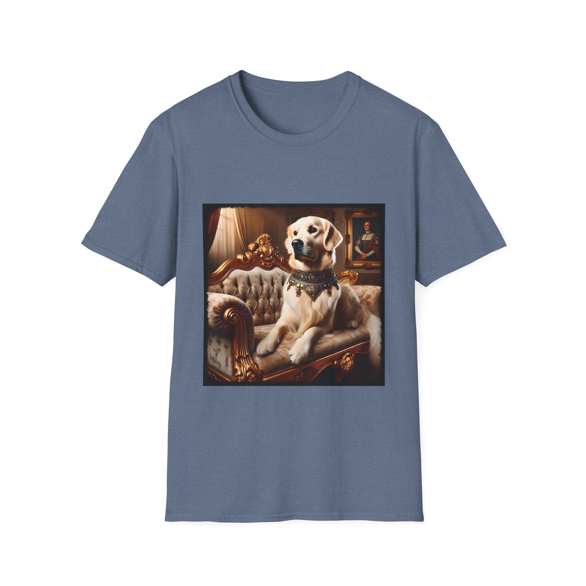 Heather indigo dog t-shirt featuring golden retriever in jeweled collar on ornate cream and gold settee, regal setting.