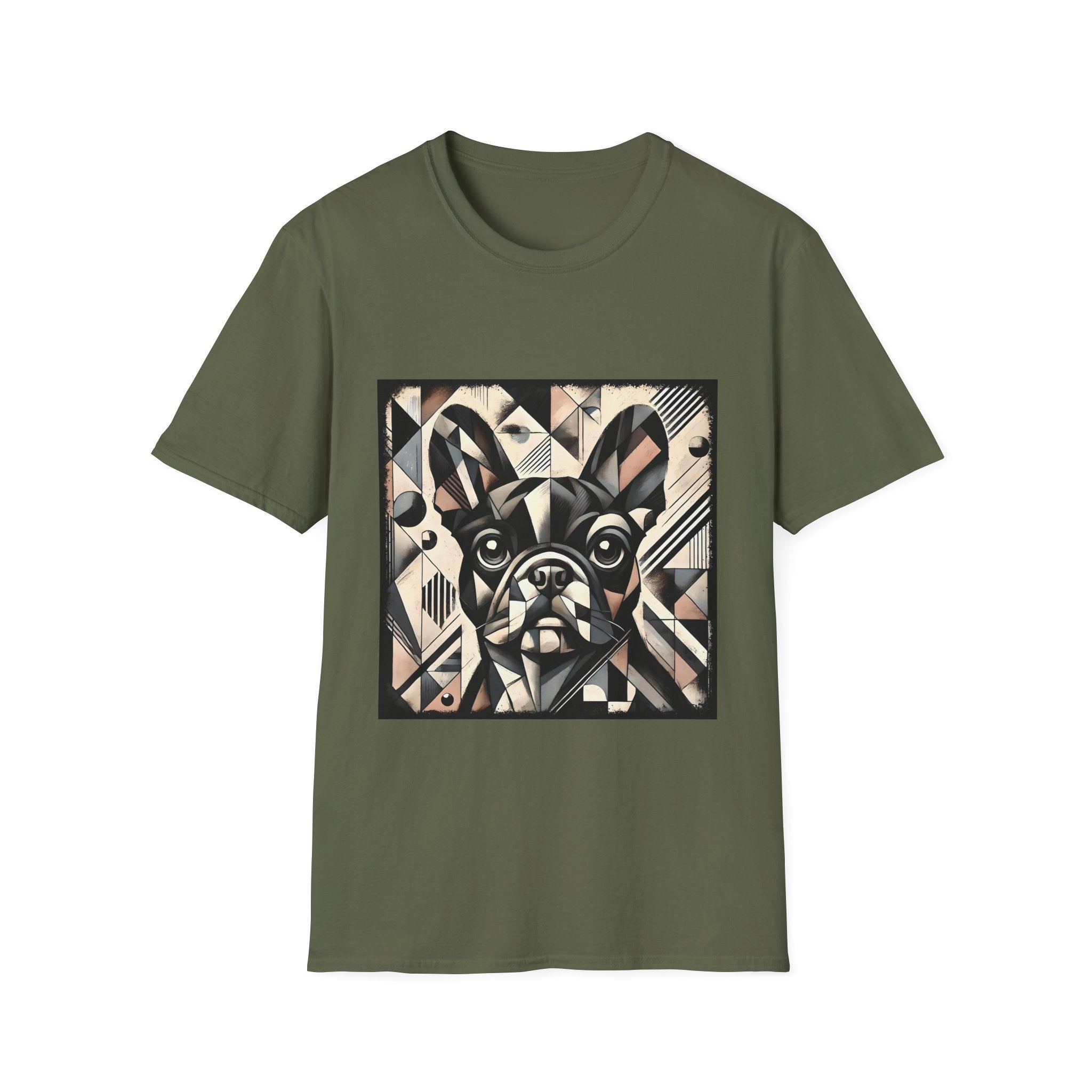 Military green dog t-shirt featuring geometric French Bulldog in cubist tones of black, beige, cream, and soft blush.