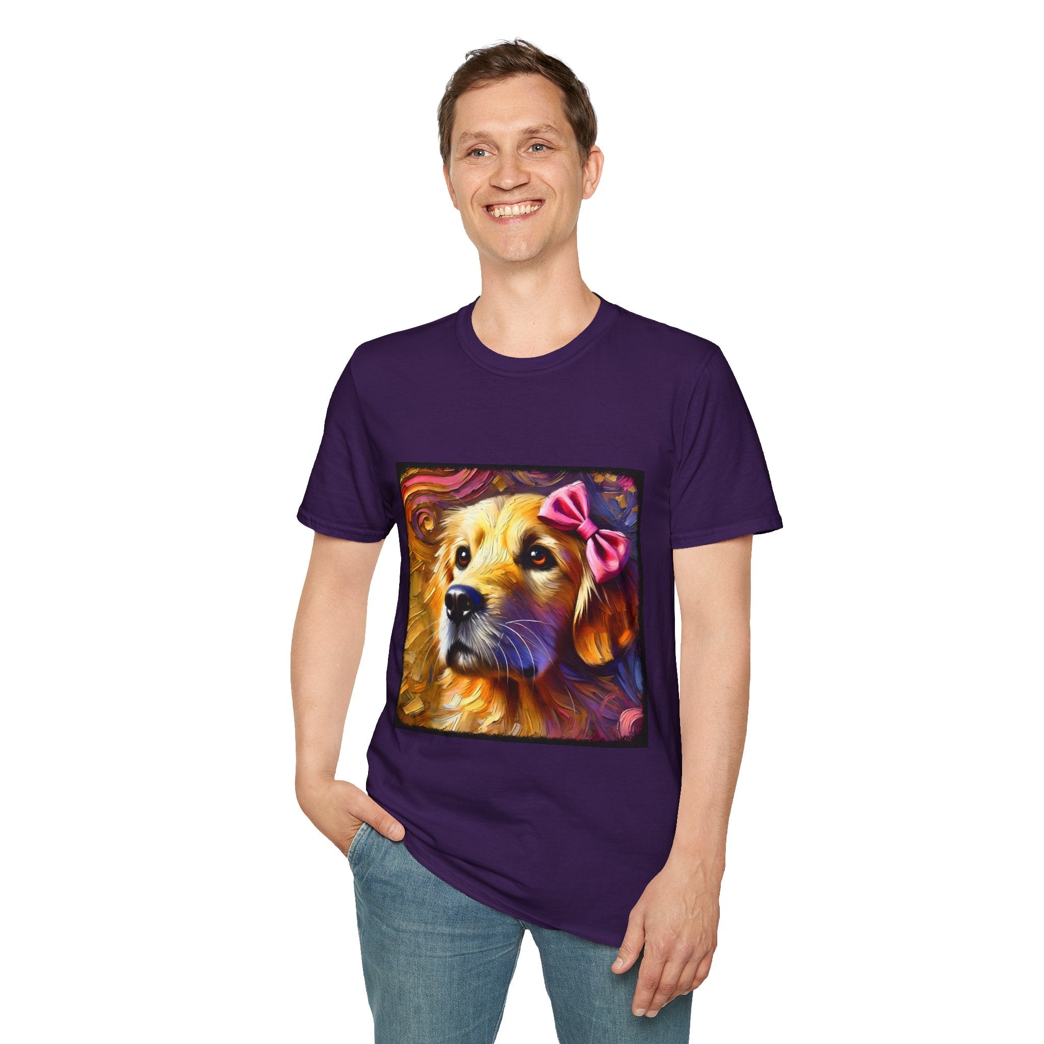 Male model in purple dog t-shirt featuring golden retriever with pink bow on head, set against vivid painterly swirls.