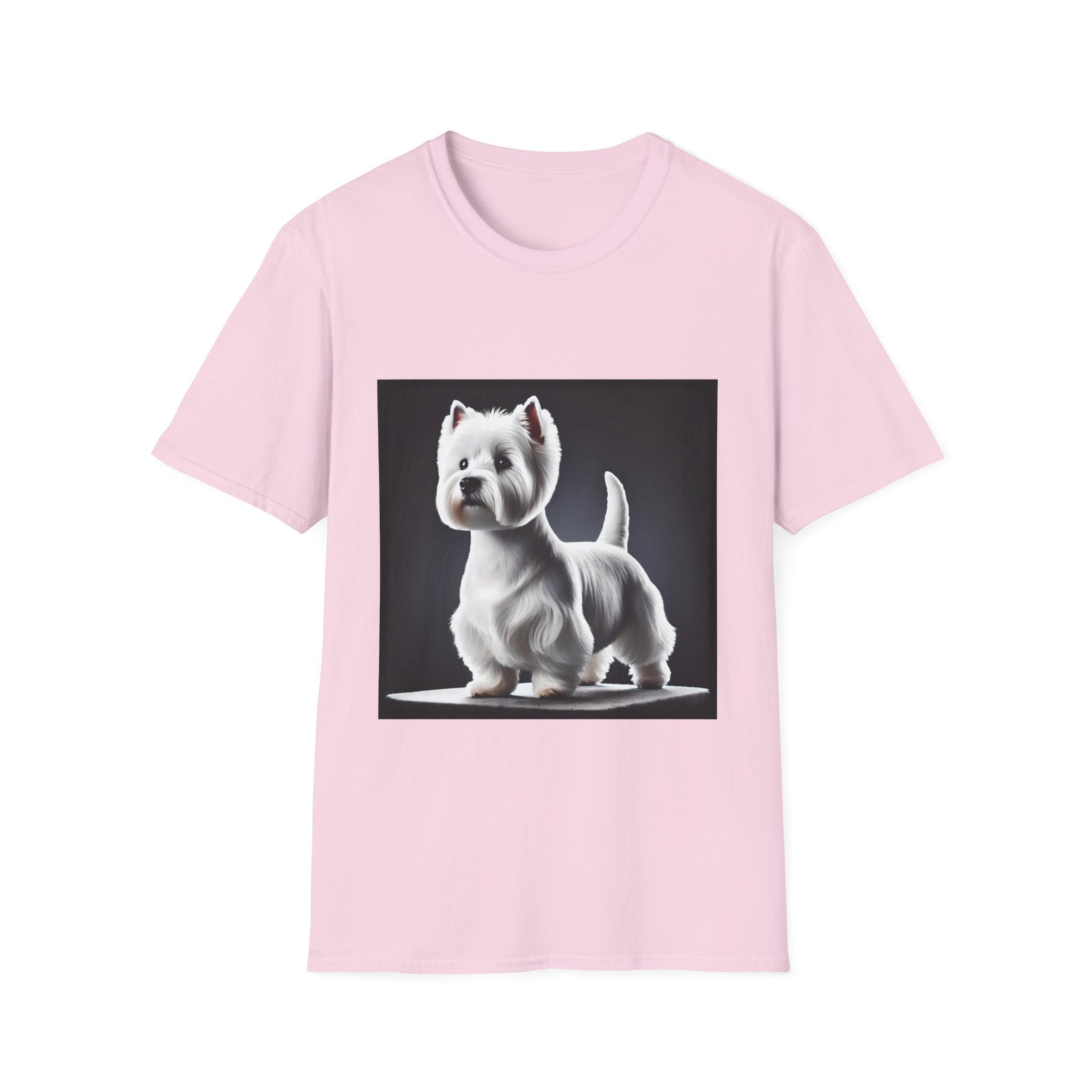 Light pink dog t-shirt featuring a Westie standing proud on a platform against a dramatic dark backdrop.