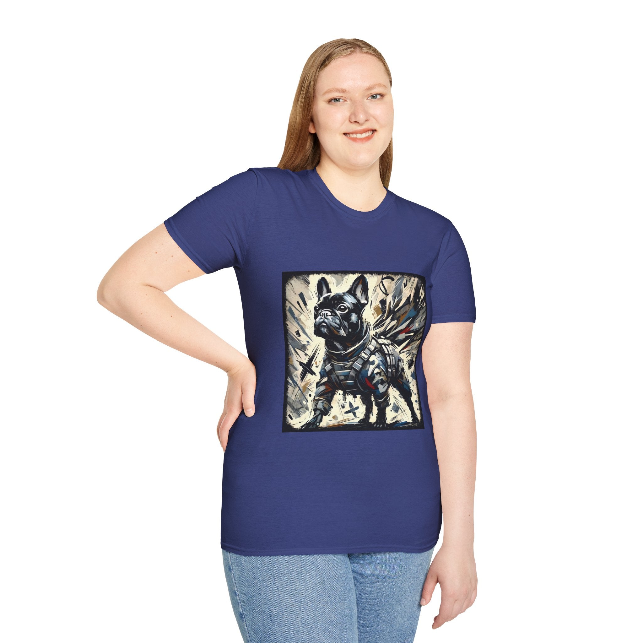 Female model in royal blue dog t-shirt featuring heroic black French Bulldog in battle armor, set against abstract explosive strokes.