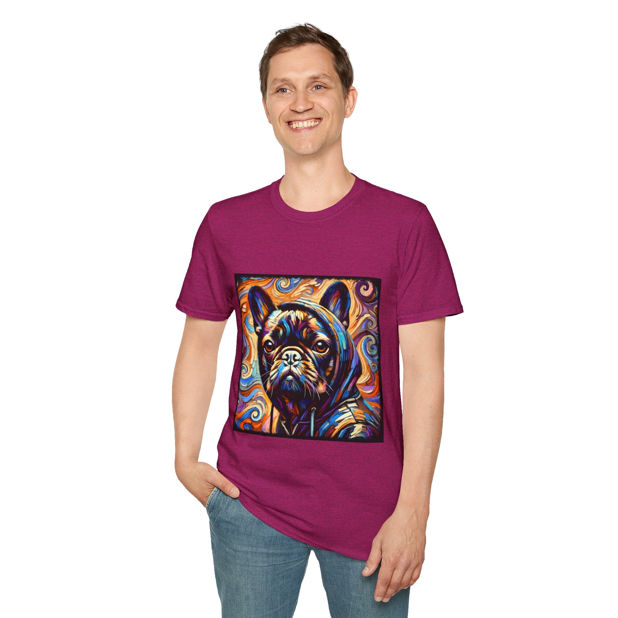 Man smiling in berry dog t-shirt featuring colorful French Bulldog in hoodie with vivid swirl background.