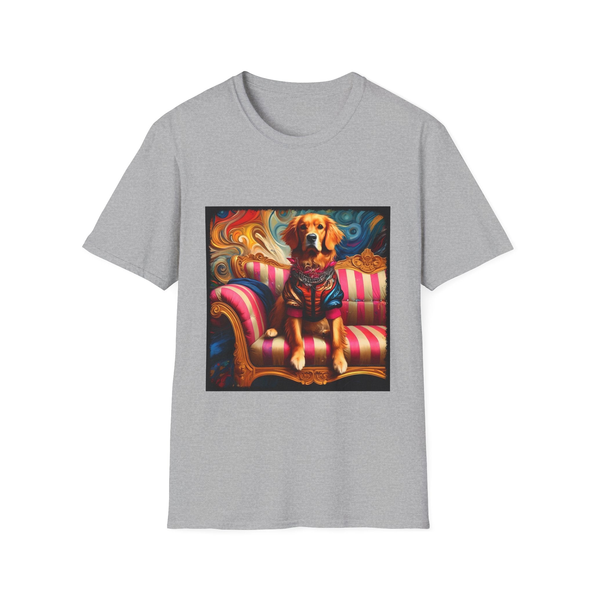 Sport gray dog t-shirt with golden retriever in regal jacket on pink striped settee, swirled backdrop.