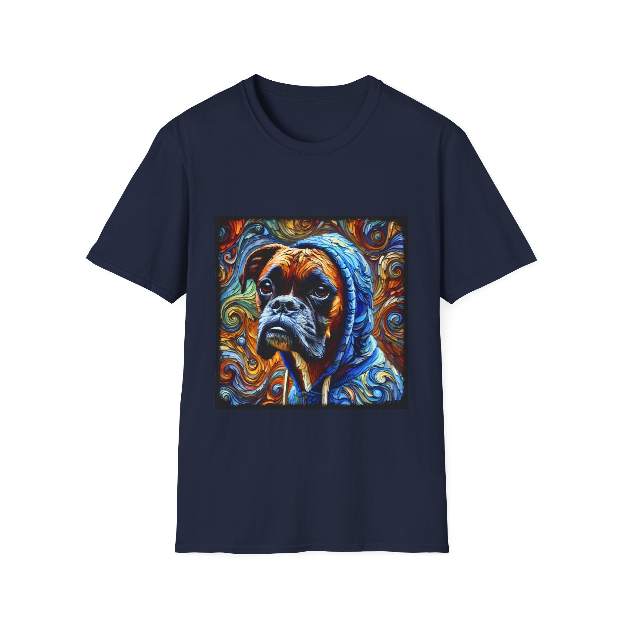 Navy dog t-shirt featuring a boxer in a blue hoodie with swirled orange, gold, and teal background design.