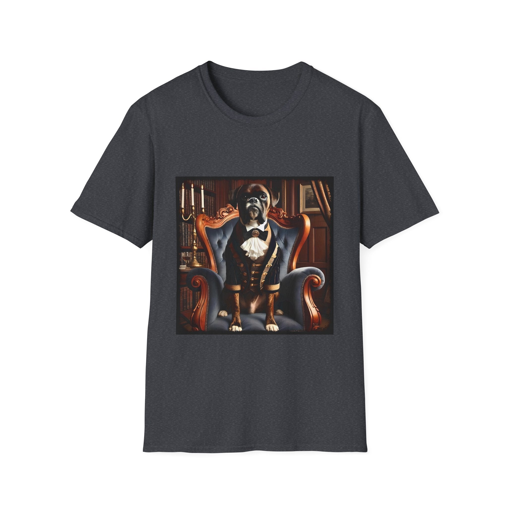 Dark heather gray dog t-shirt featuring boxer in brown period suit with cravat seated in ornate blue armchair.