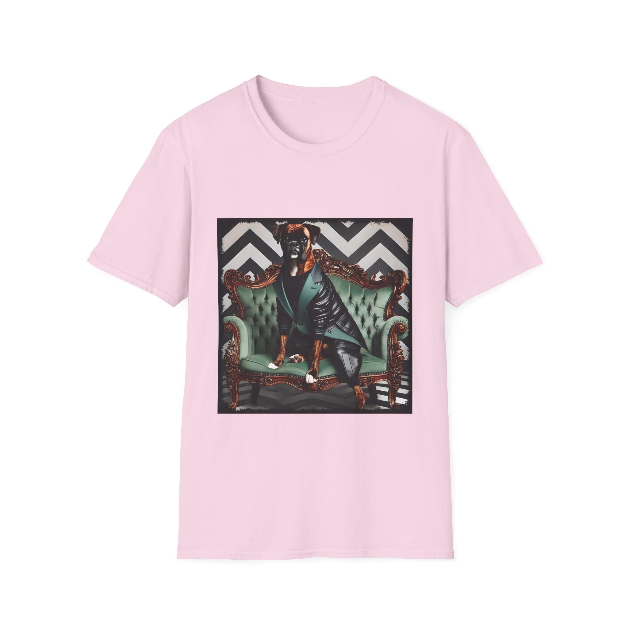 Light pink dog t-shirt featuring a brindle boxer in leather jacket on green settee with chevron wall backdrop.