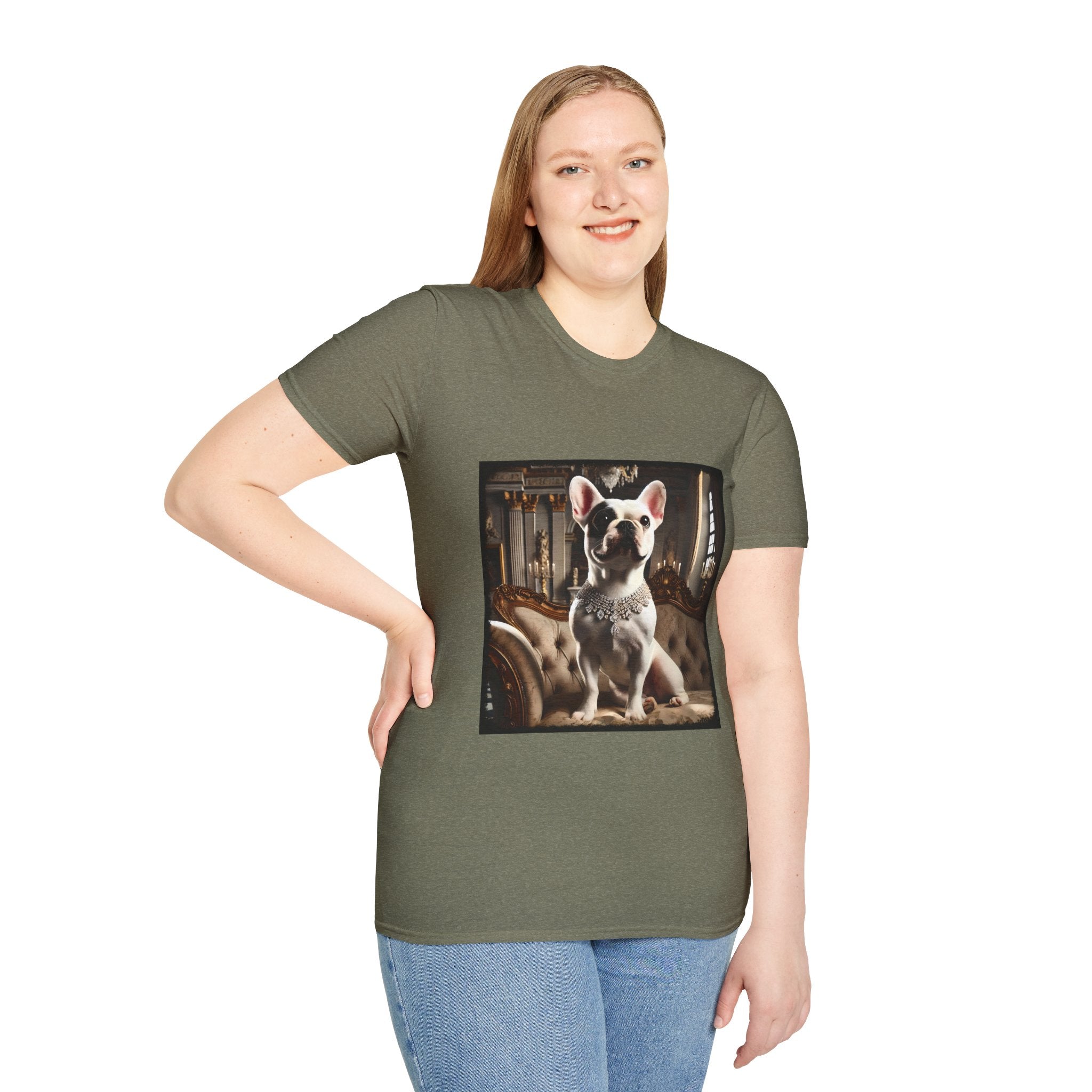 Female model in light military green dog t-shirt featuring white French Bulldog in jeweled necklace on tufted settee in elegant palace setting.