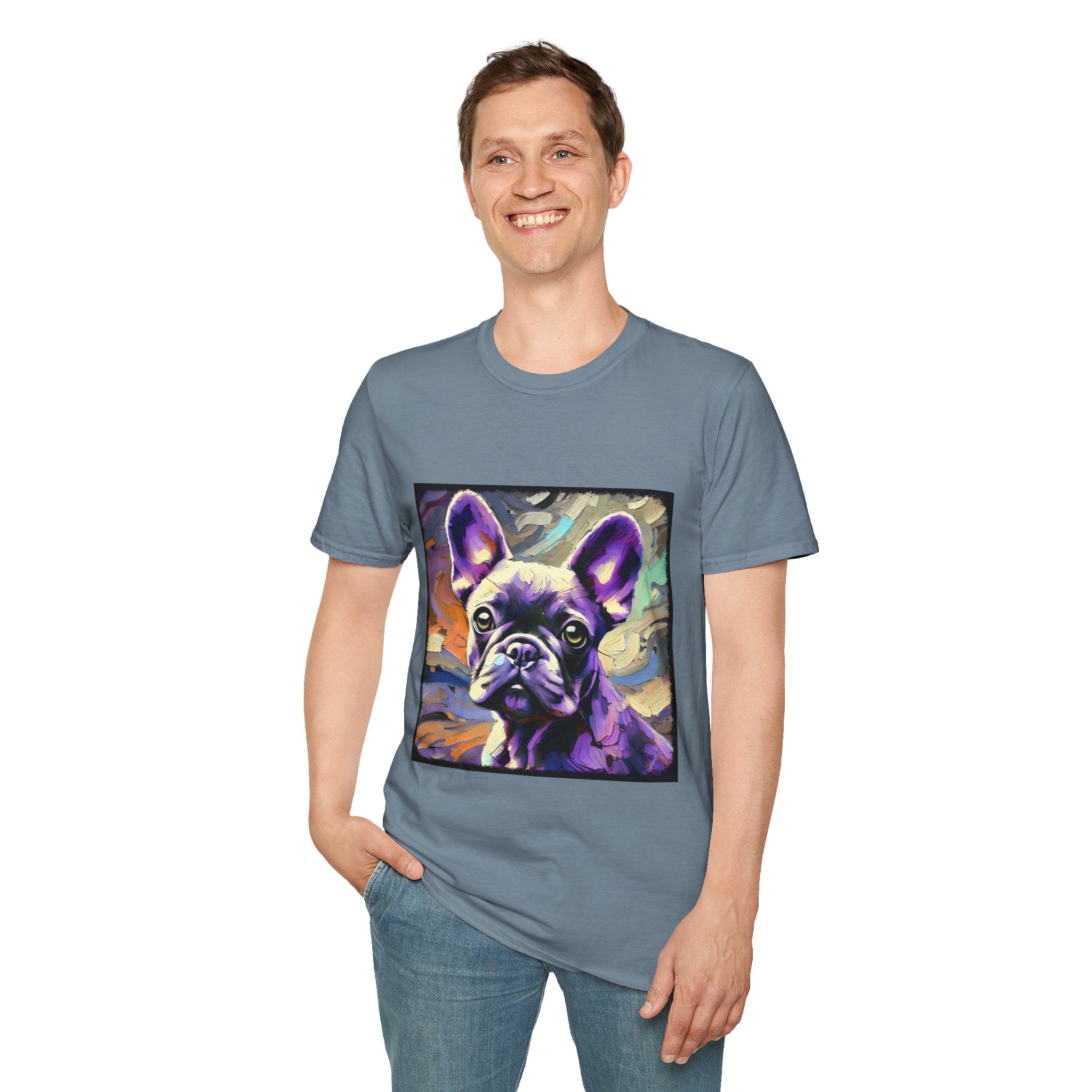 Man smiling in stone blue dog t-shirt featuring a lavender purple French Bulldog with swirling brushstrokes of teal, orange, and cream.