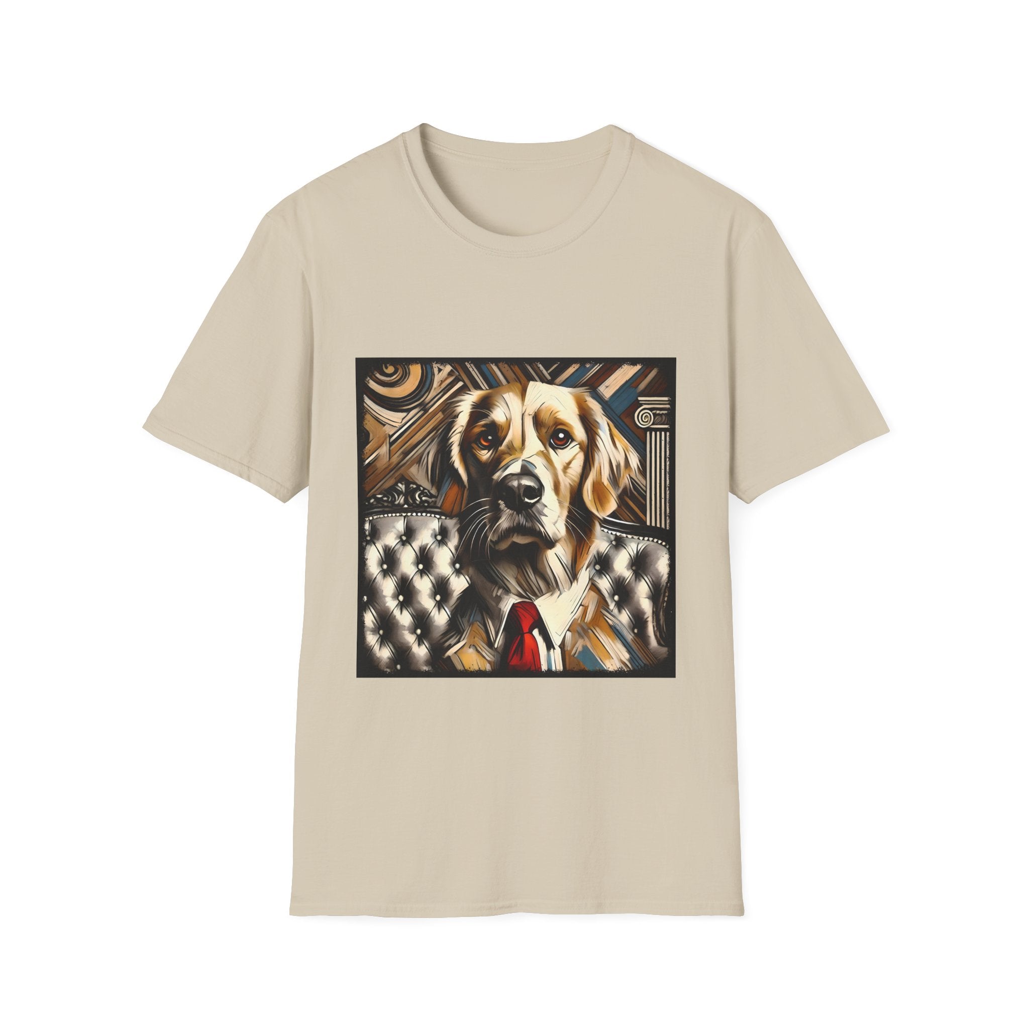 Sand dog t-shirt featuring golden retriever in suit and red tie, seated on tufted chair with abstract backdrop.