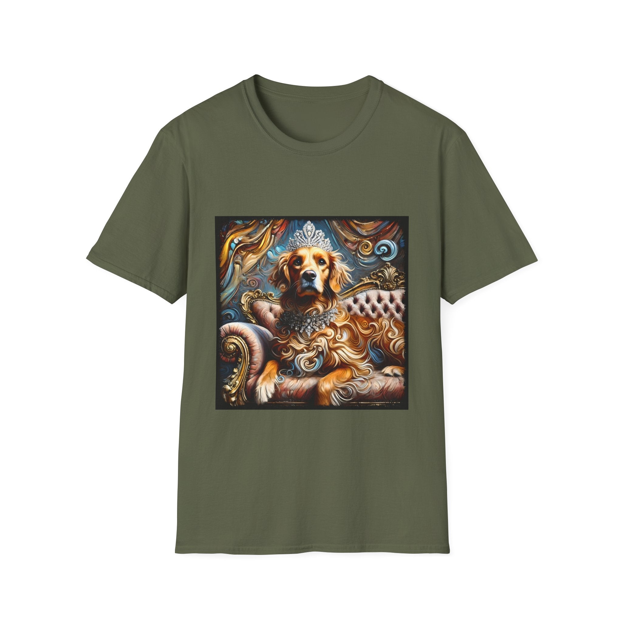 Military green dog t-shirt with golden retriever in crown and jewels on tufted settee, baroque-style backdrop.