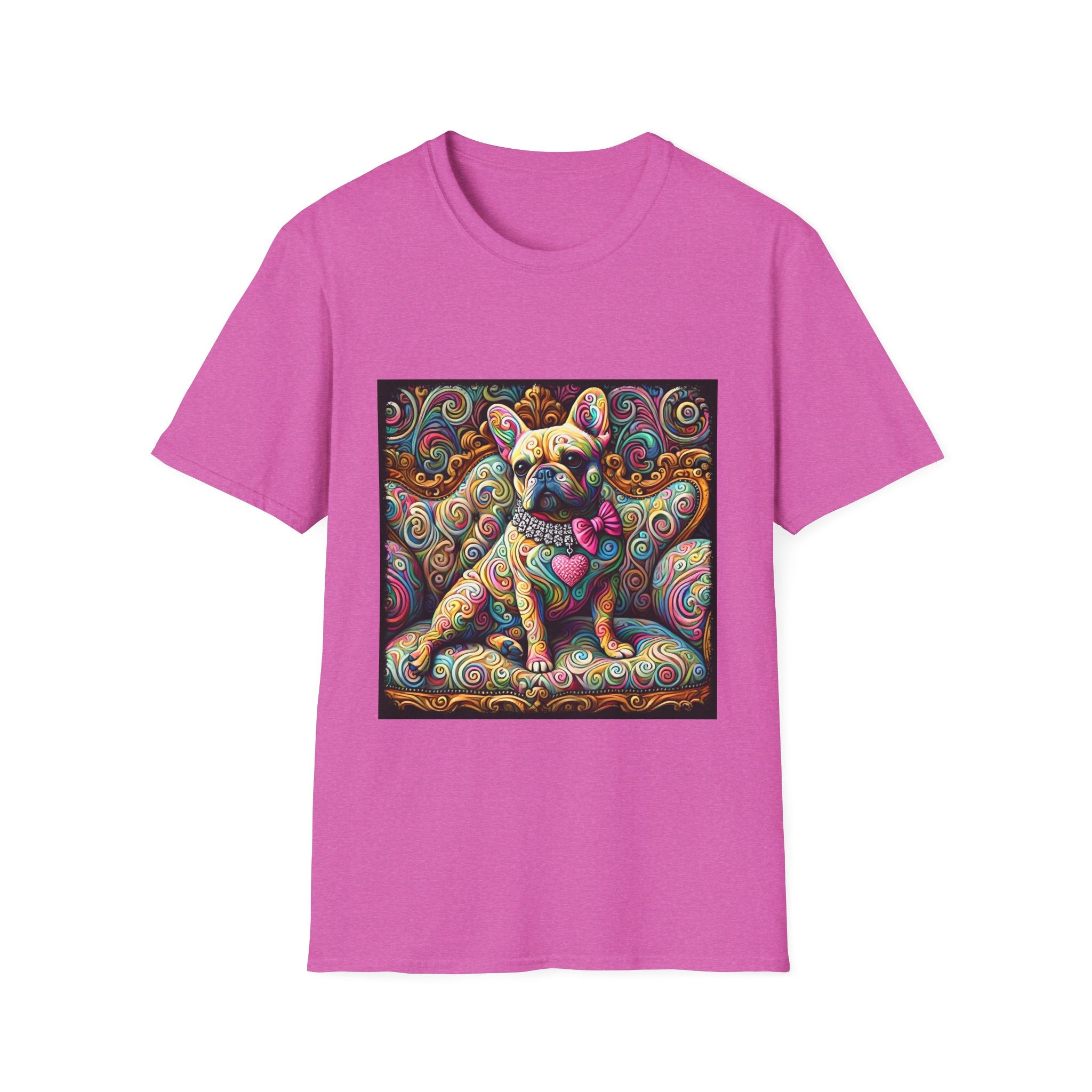 Orchid pink dog t-shirt featuring a tan French Bulldog with pink bow and heart on a vivid rainbow swirl couch.