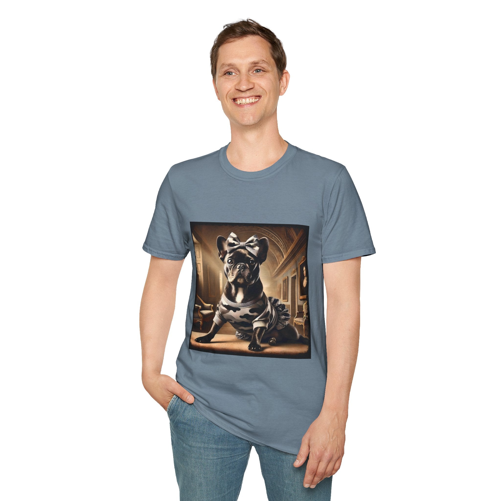 Male model in stone blue dog t-shirt featuring black French Bulldog in camo dress and bow, set in sepia-toned palace hall.