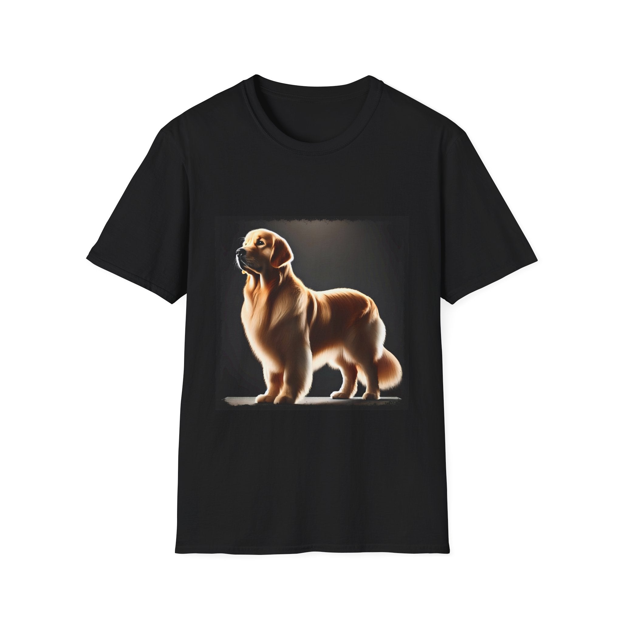 Black dog t-shirt with golden retriever standing tall under spotlight on black background.