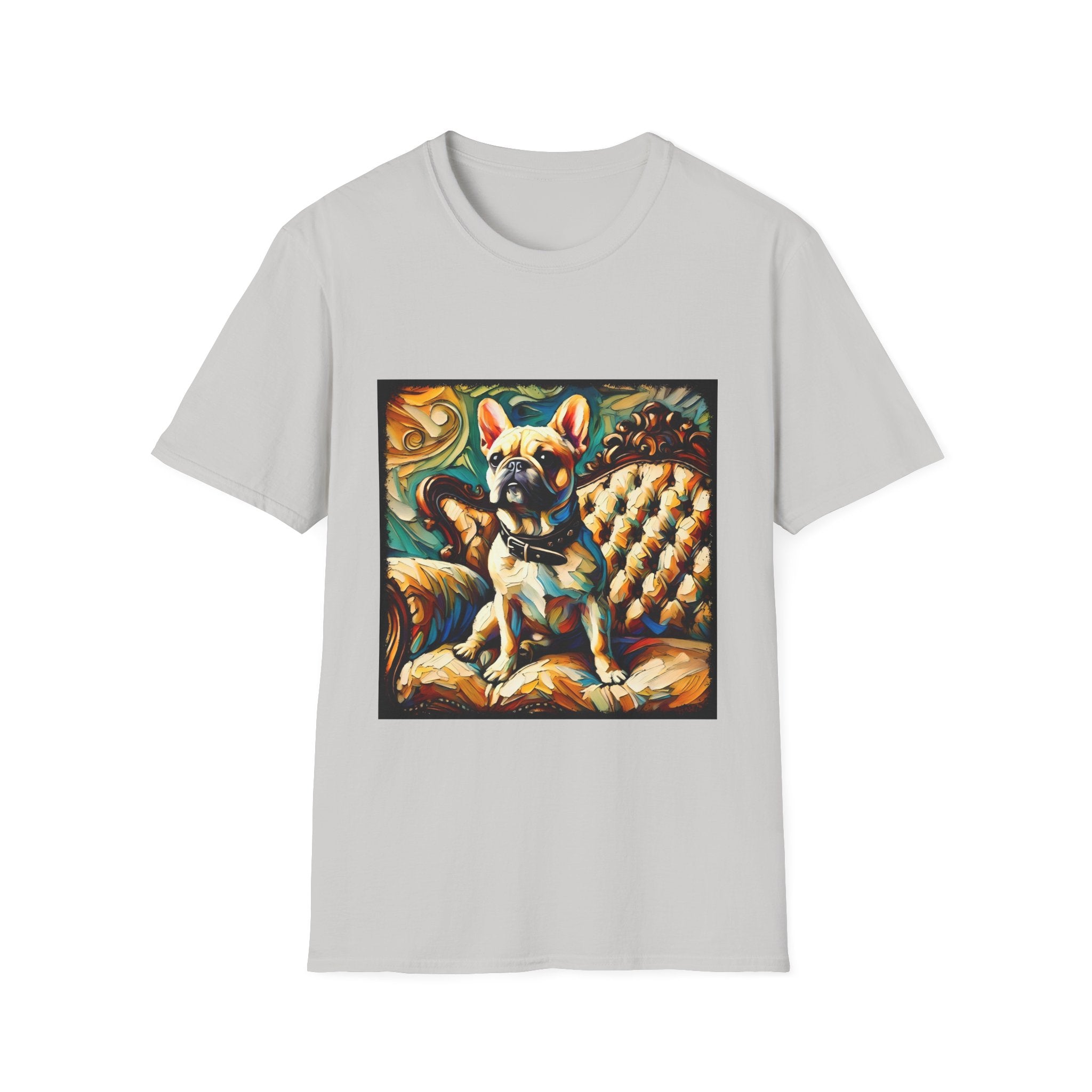 Ice gray dog t-shirt featuring fawn French Bulldog with collar on golden tufted settee and bold swirl backdrop.