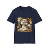 Navy blue t-shirt with a Bichon Frise wearing a floral crown design on a white background