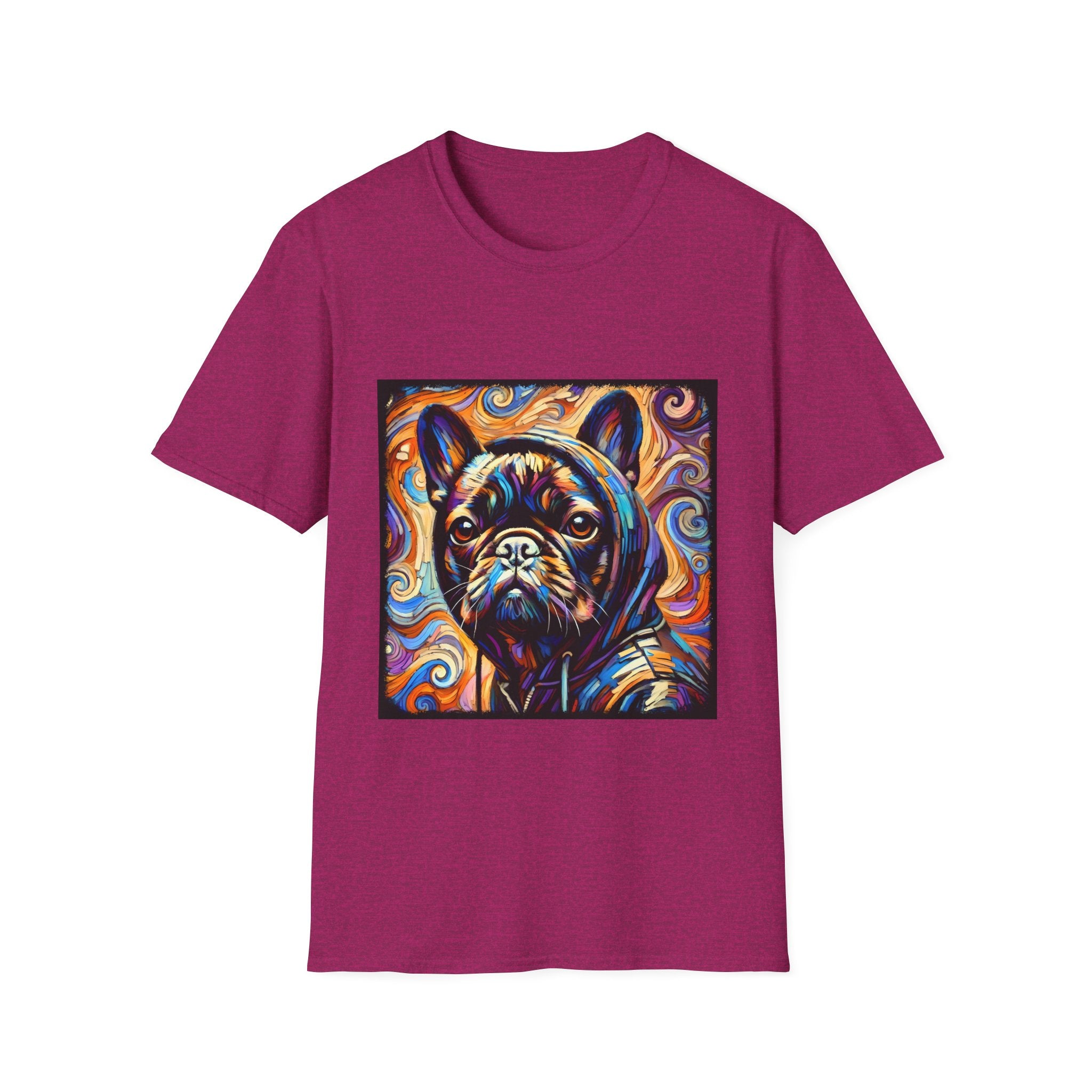 Dog t-shirt in berry featuring colorful French Bulldog in hoodie, set against vivid swirl-patterned background.