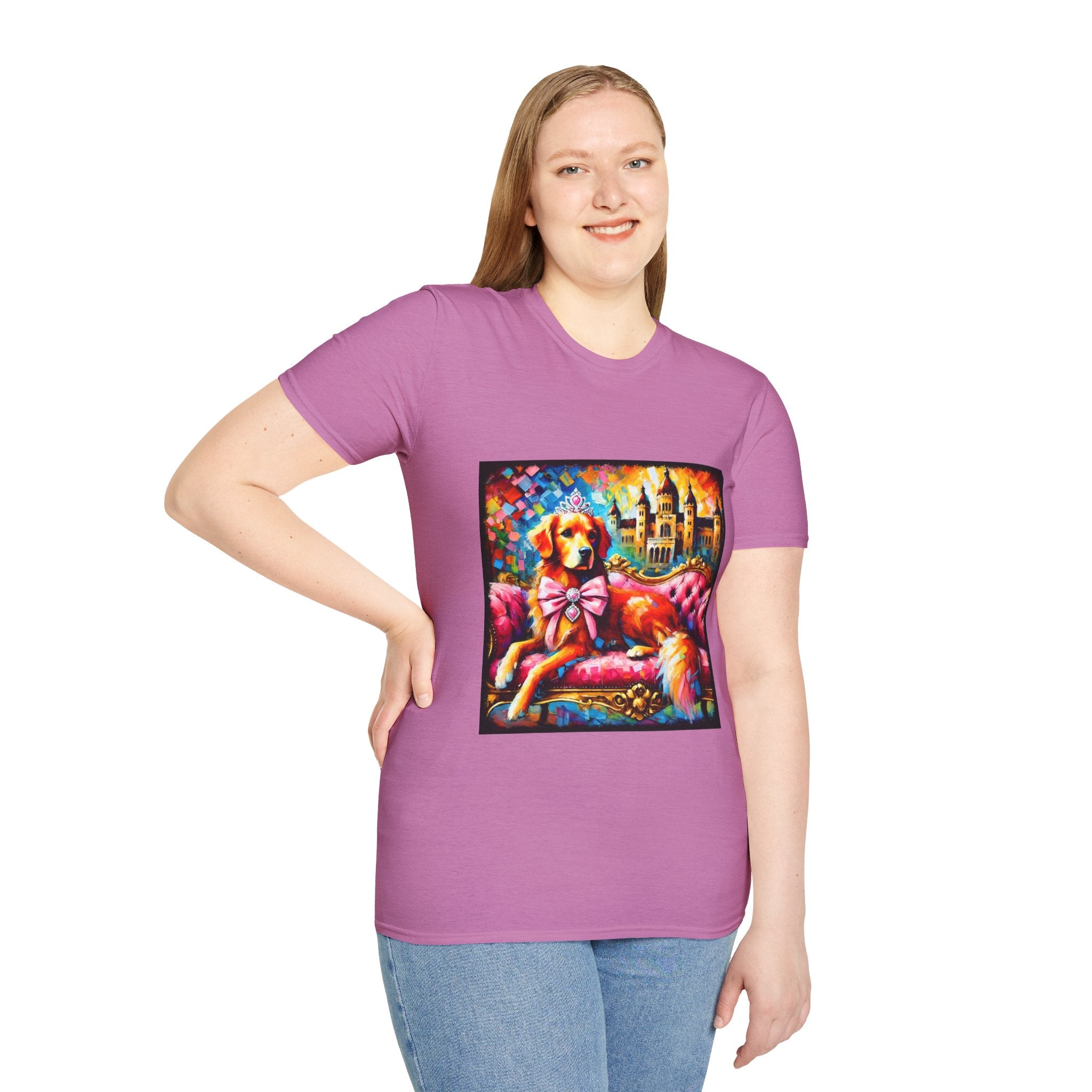 Female model in orchid dog t-shirt featuring golden retriever princess on pink settee with tiara and castle backdrop.