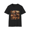 Black dog t-shirt featuring a chocolate brown golden retriever in a jeweled collar, seated on a vintage tufted settee.