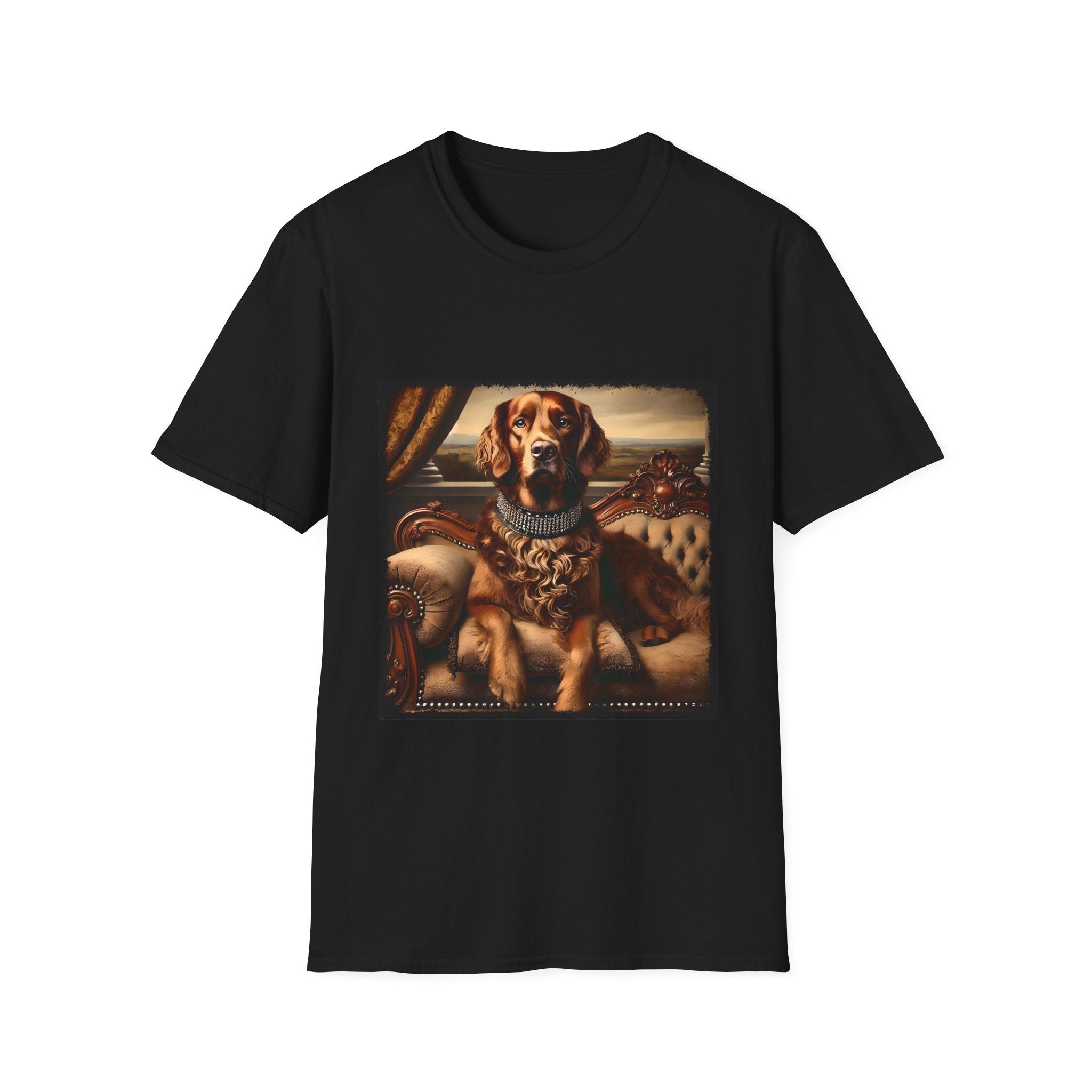 Black dog t-shirt featuring a chocolate brown golden retriever in a jeweled collar, seated on a vintage tufted settee.