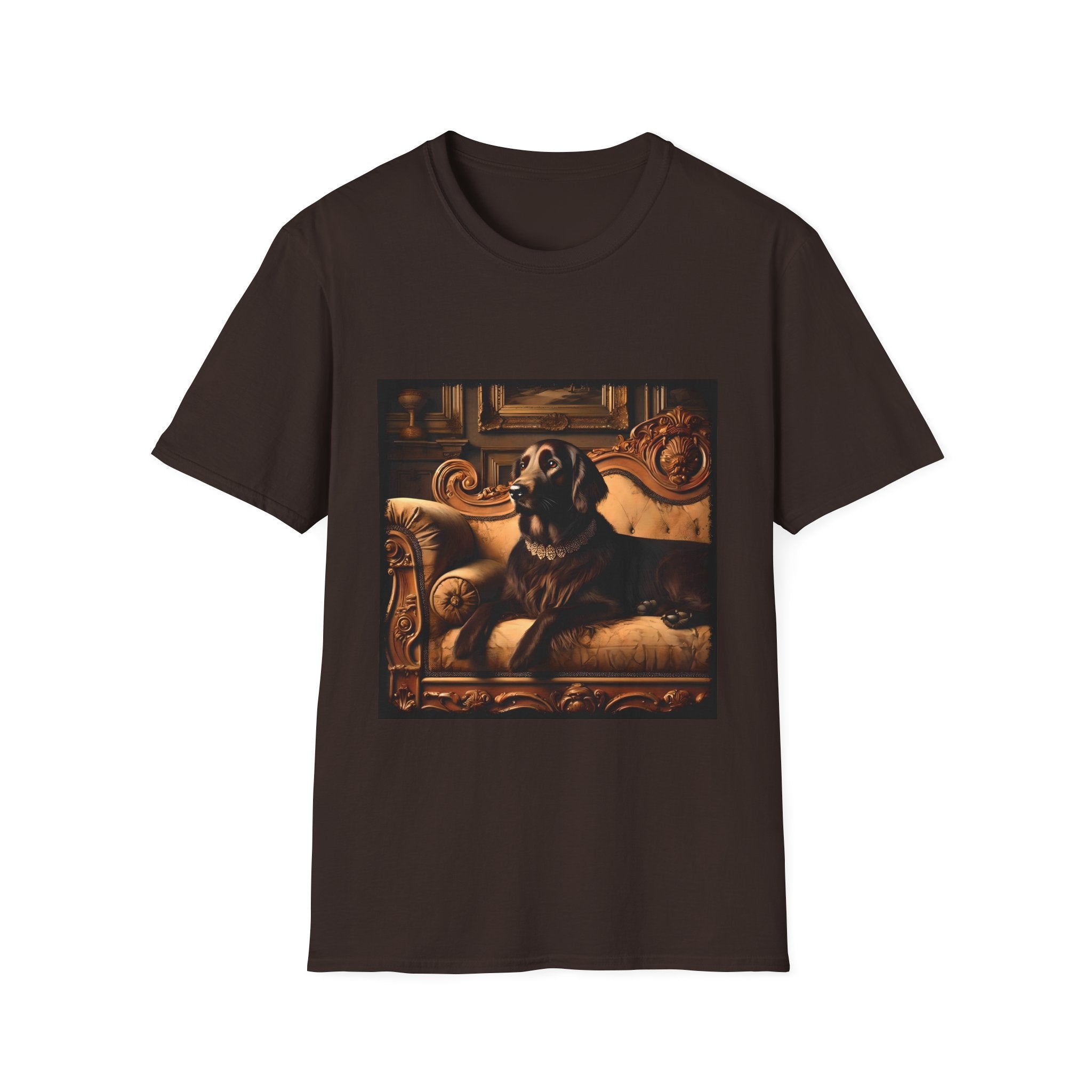 Dark chocolate dog t-shirt featuring chocolate golden retriever on gold settee, jeweled collar in regal backdrop.