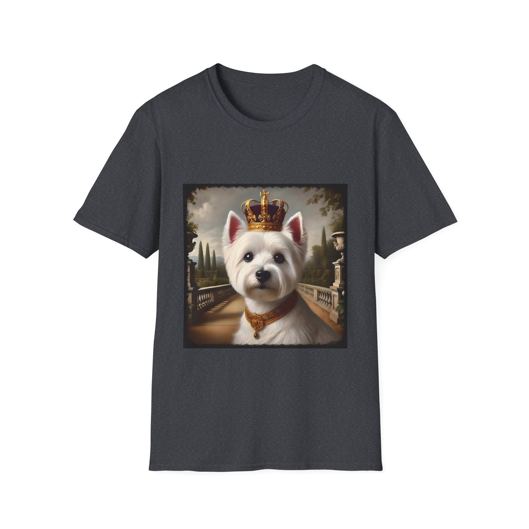 Dark heather gray dog t-shirt featuring regal Westie in gold crown and collar on palace terrace background.
