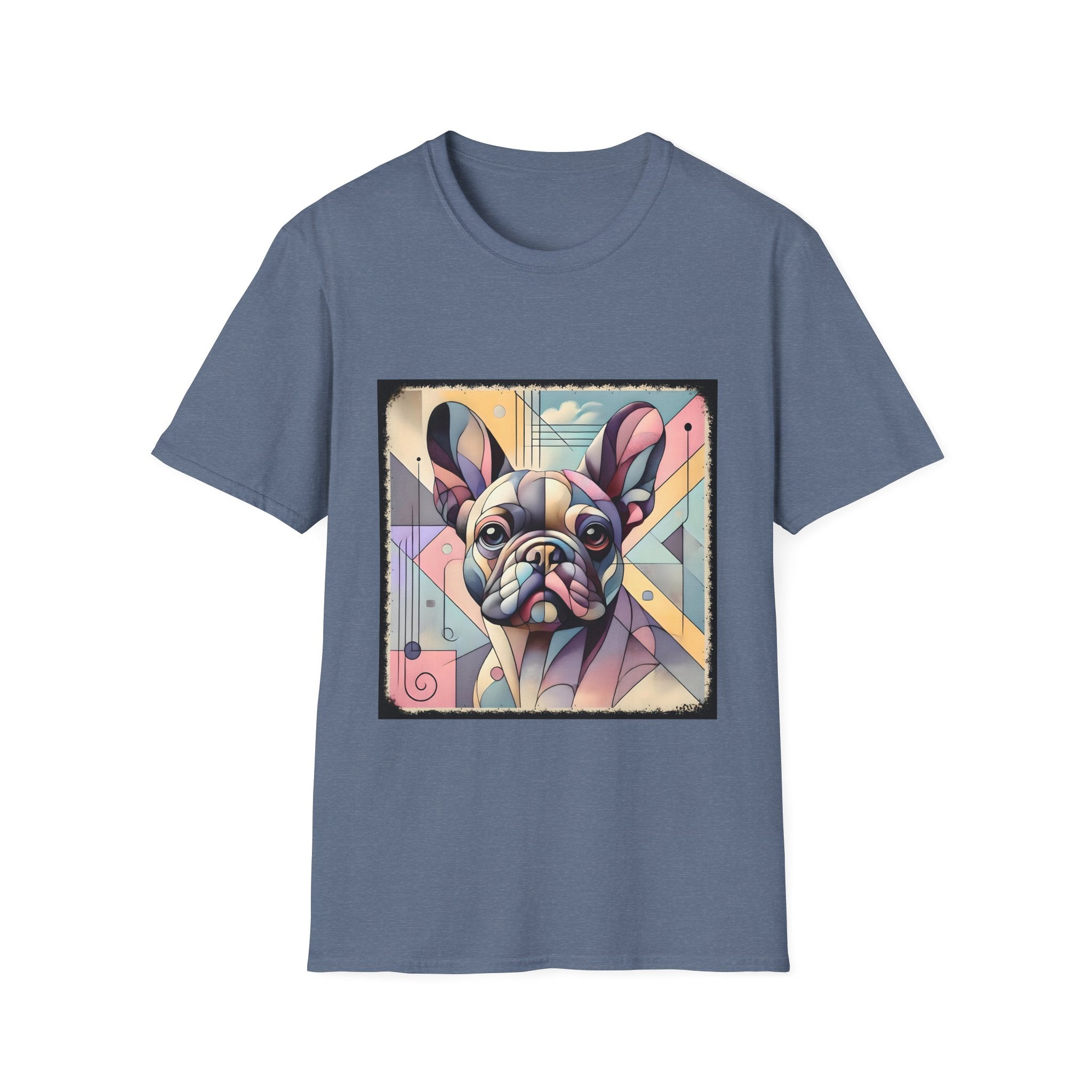 Heather indigo shirt with Cubism-style French Bulldog design in soft pastel colors and abstract shapes.