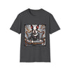 Dark gray dog t-shirt featuring Boston Terrier in leather studded jacket on striped chair with metallic swirl background.