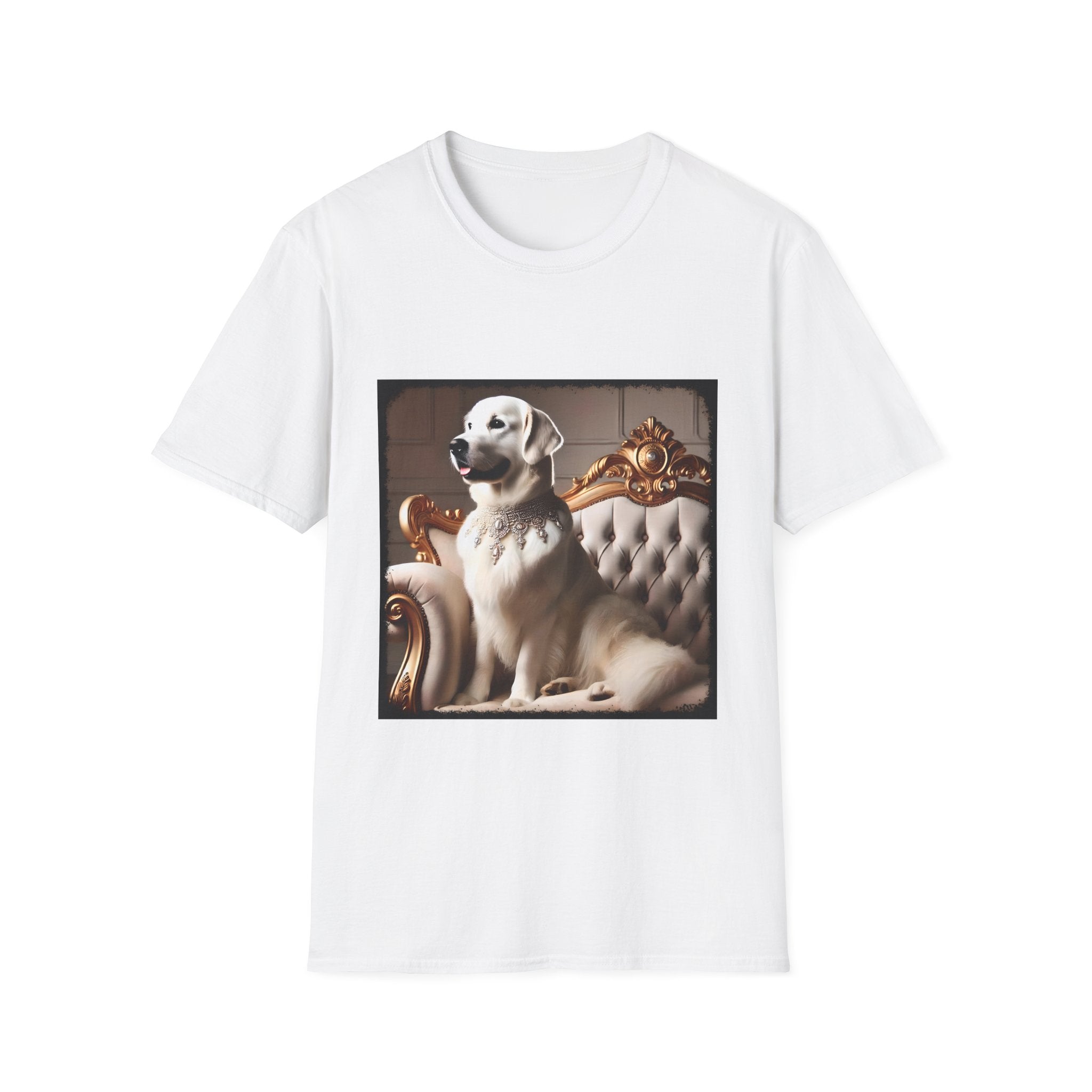 White dog t-shirt featuring a white golden retriever in a jeweled collar on a gold-trimmed tufted settee.